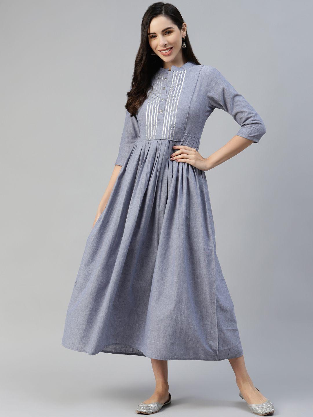 mbe women blue pure cotton embellished gota patti detail ethnic a-line midi dress