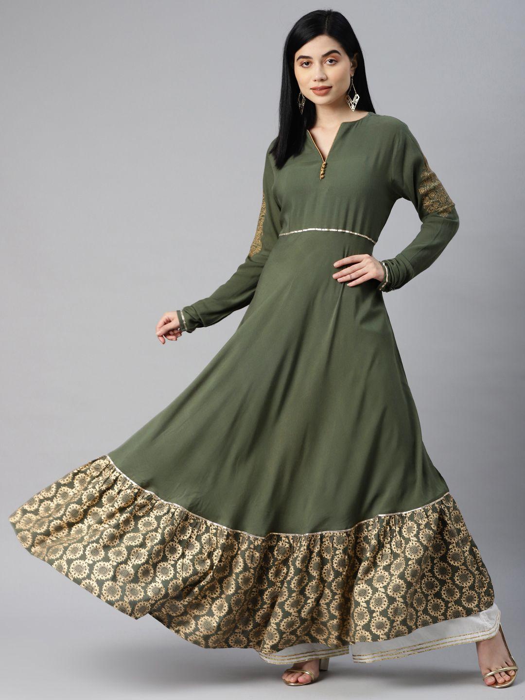 mbe-women-green-&-golden-ethnic-motifs-printed-gotta-patti-anarkali-kurta