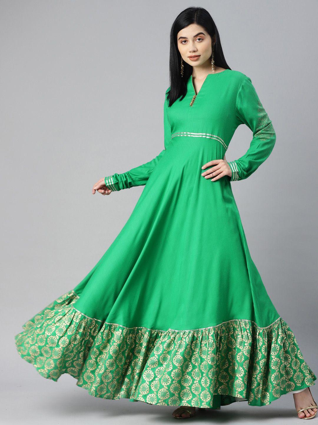 mbe women green ethnic motifs printed gotta patti anarkali kurta