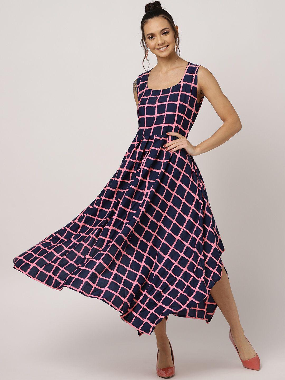 mbe women navy blue & pink checked maxi dress