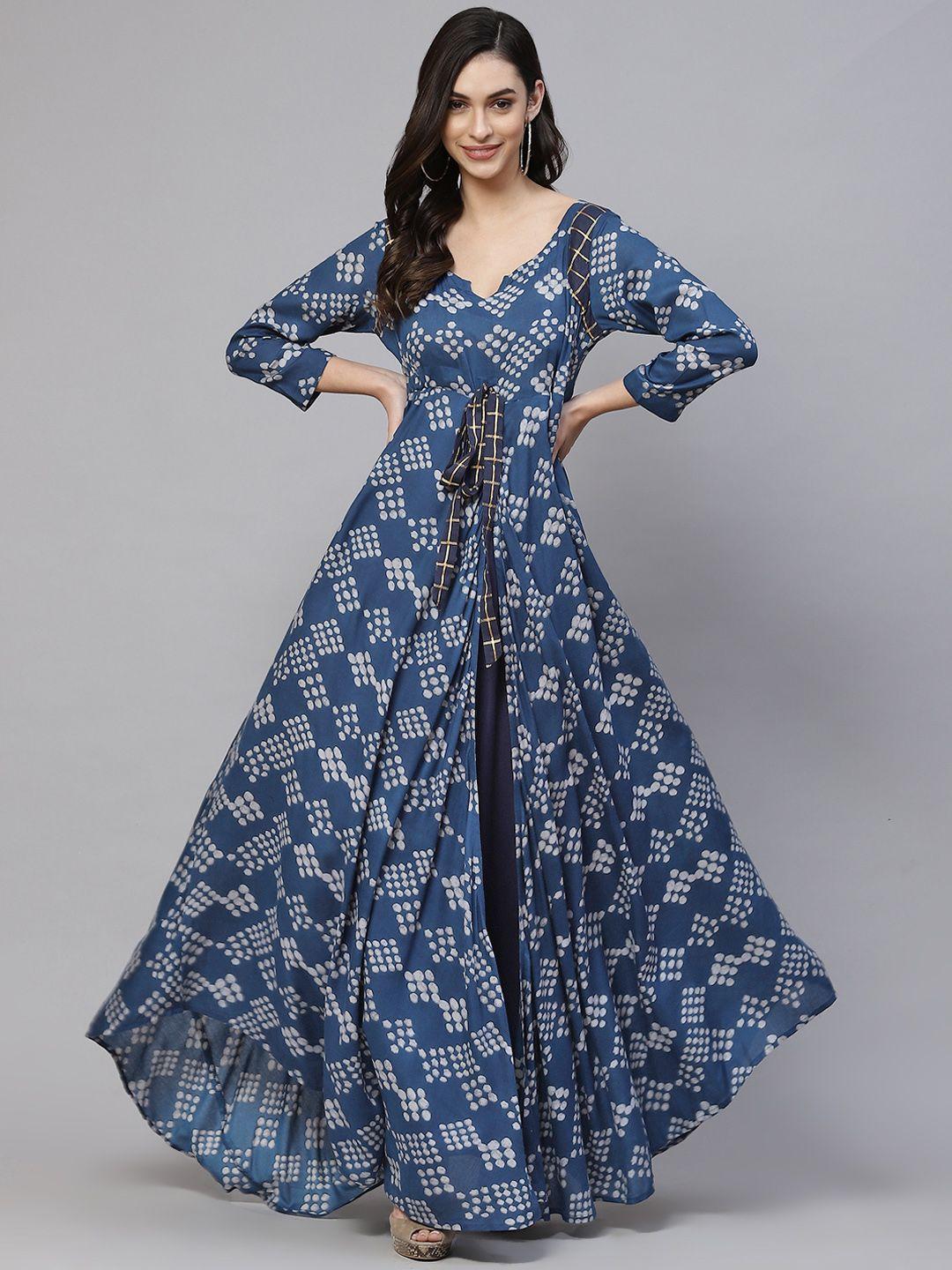 mbe blue ethnic motifs printed pure cotton maxi dress