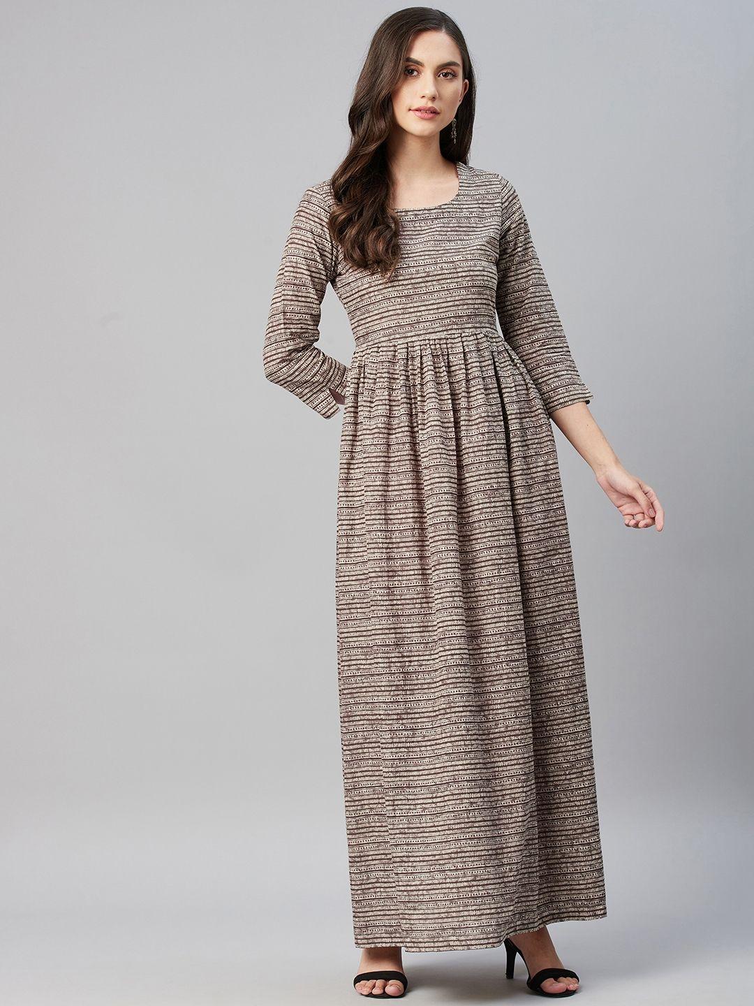 mbe brown & beige ethnic printed cotton maxi dress