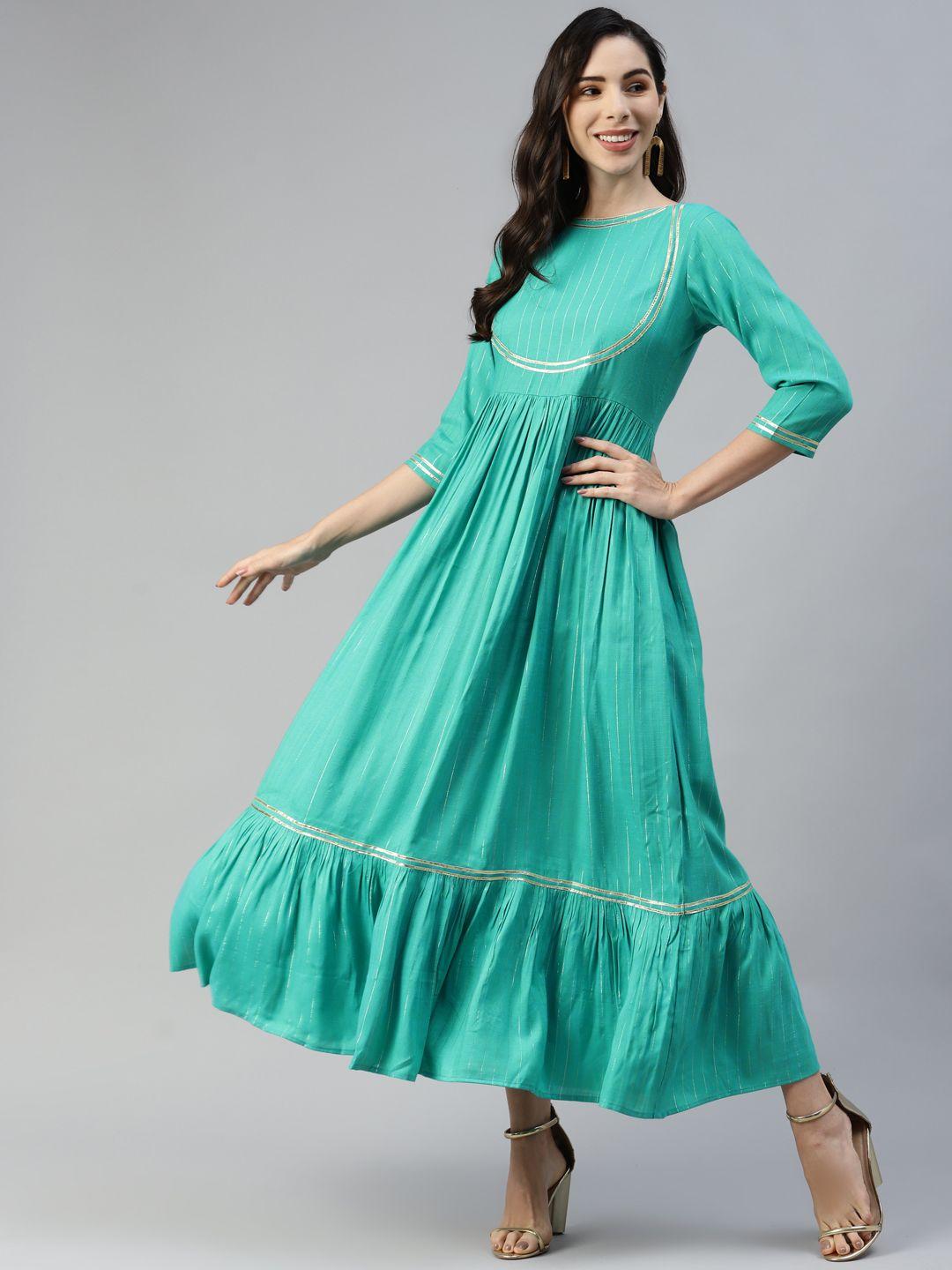 mbe green pure cotton embellished gota patti ethnic maxi dress