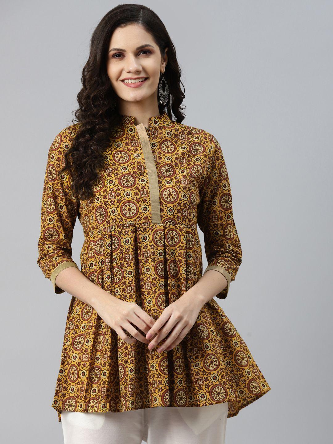 mbe mustard yellow & brown floral print mandarin collar cotton peplum top