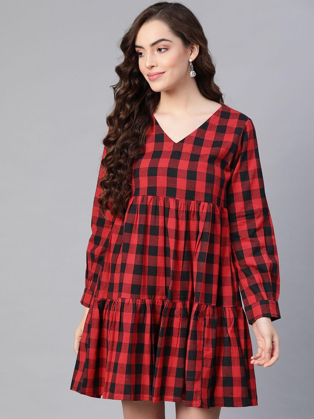 mbe red & black checked a-line dress