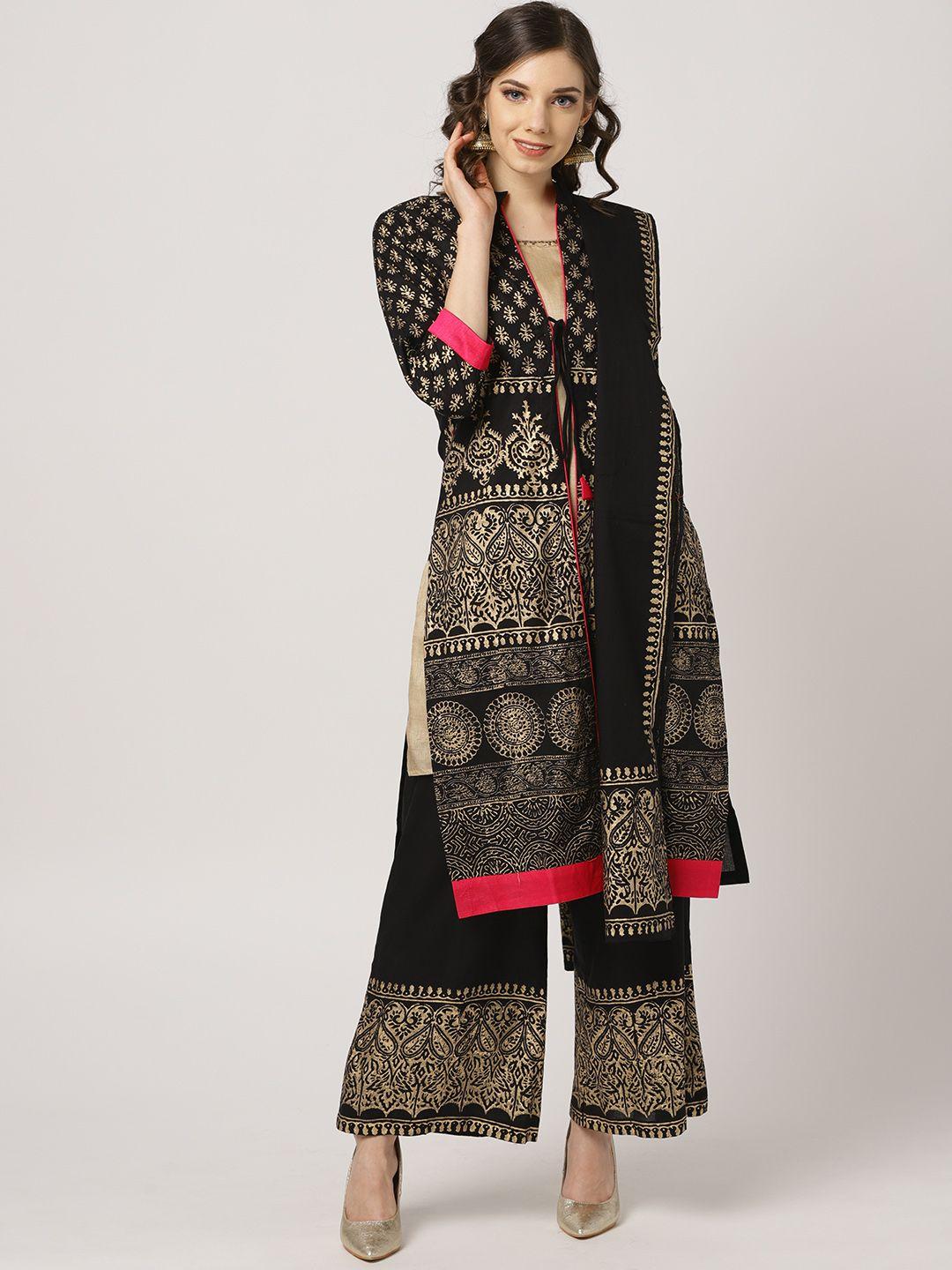 mbe women black & gold-toned printed kurta with palazzos & dupatta