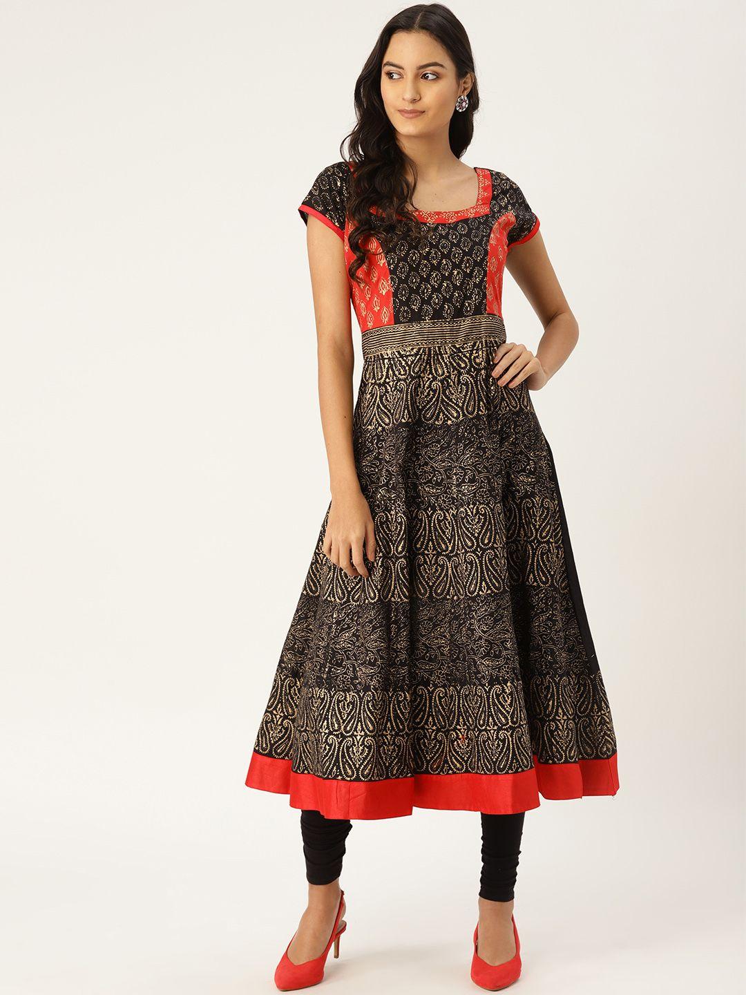 mbe women black & golden block print anarkali kurta