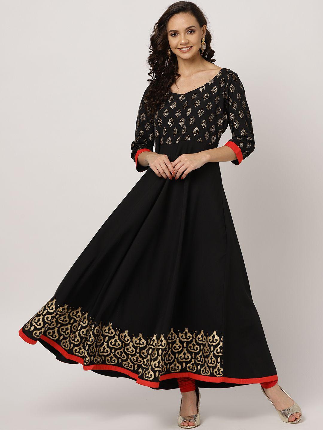 mbe women black & golden block print detail anarkali kurta