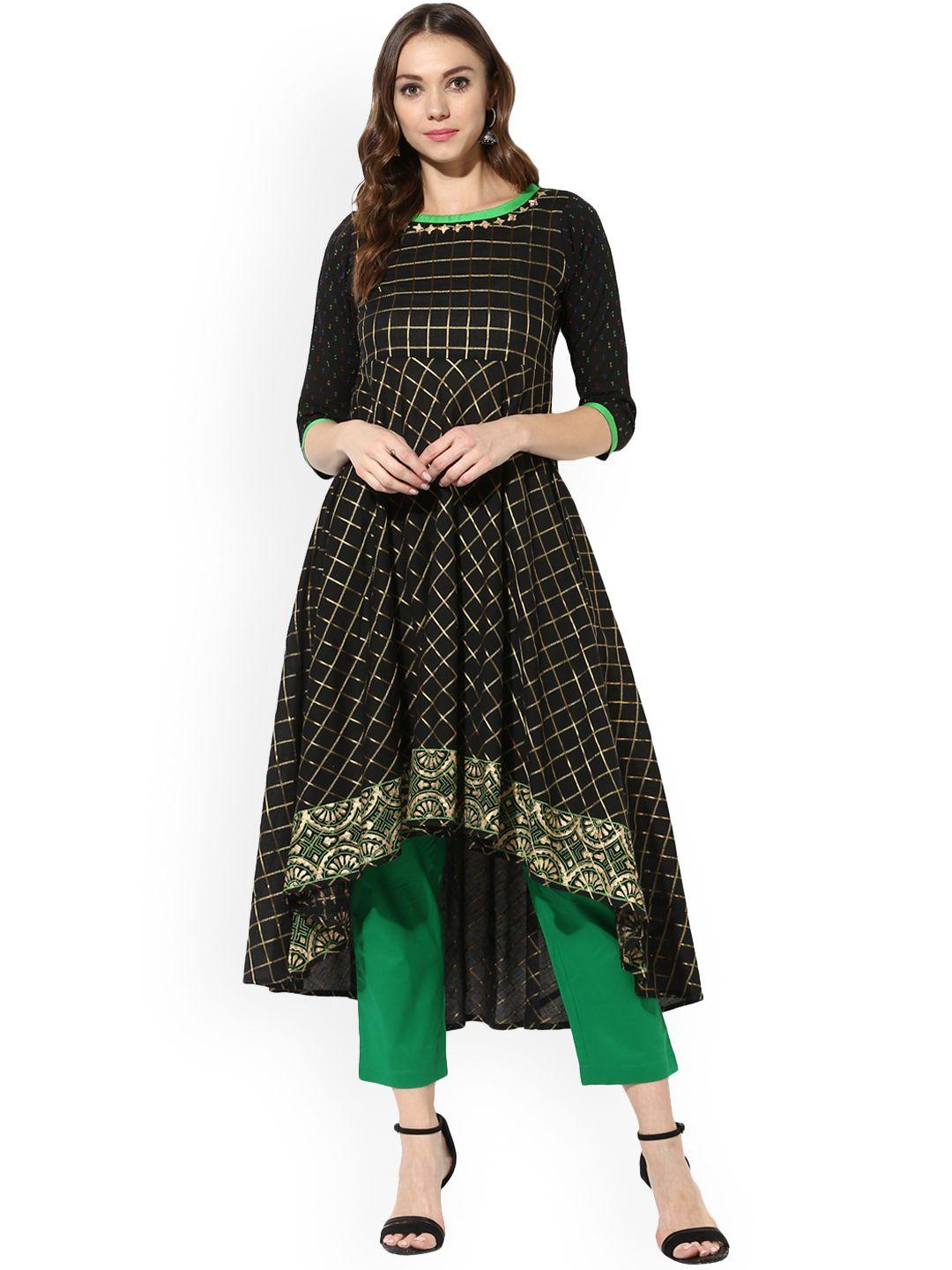 mbe women black & golden checked kurta with trousers