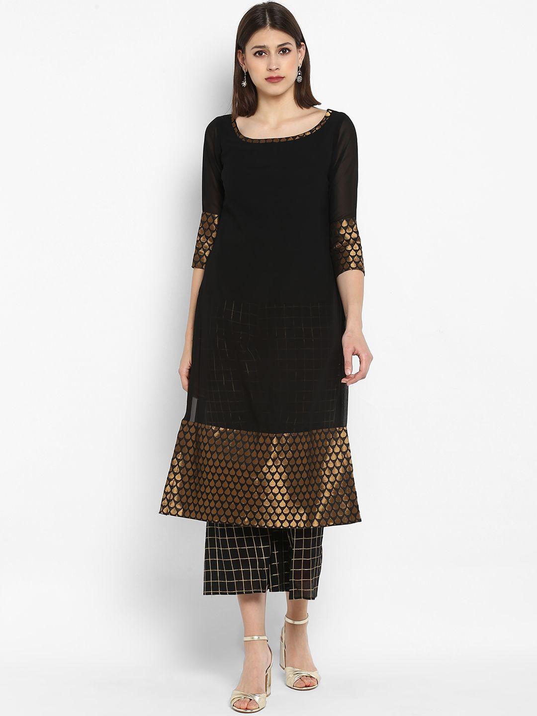 mbe women black & golden solid kurta with palazzos