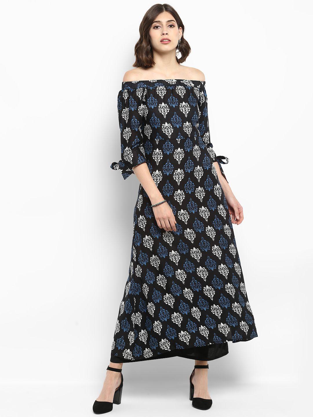 mbe women black & navy blue printed kurta with palazzos