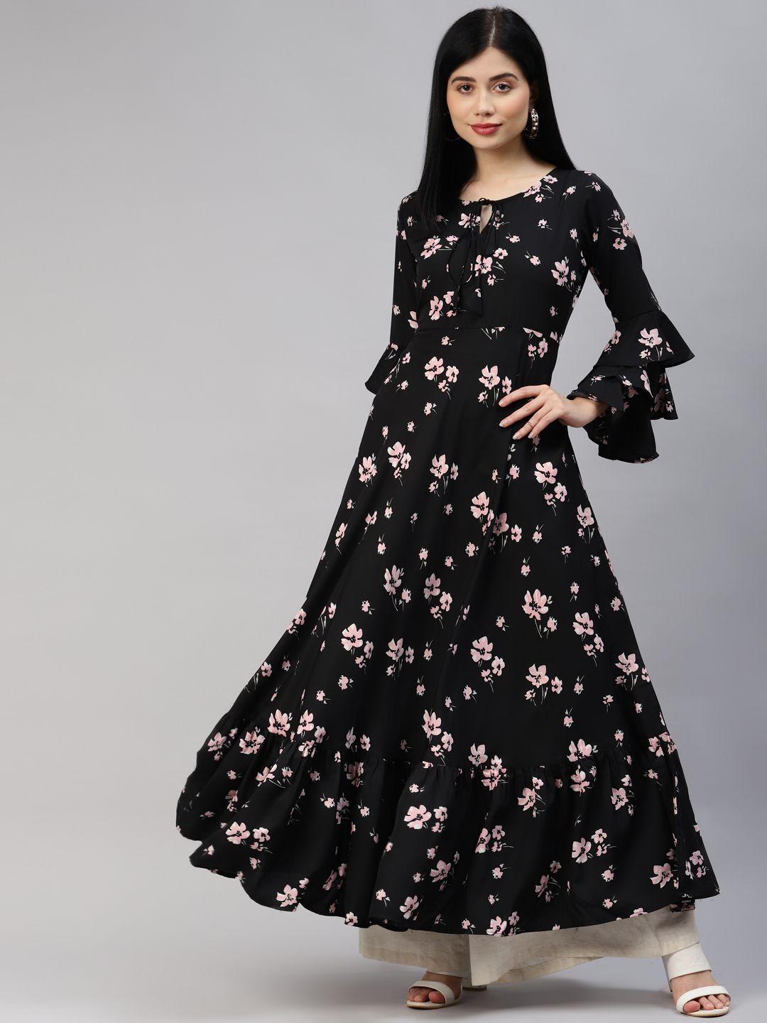 mbe women black & pink floral printed floral crepe anarkali kurta