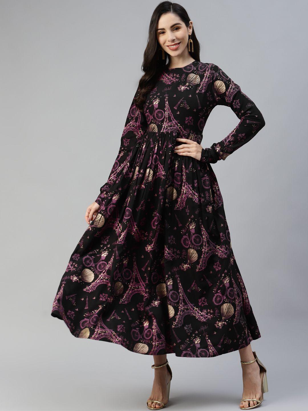 mbe women black & purple printed ethnic maxi dress
