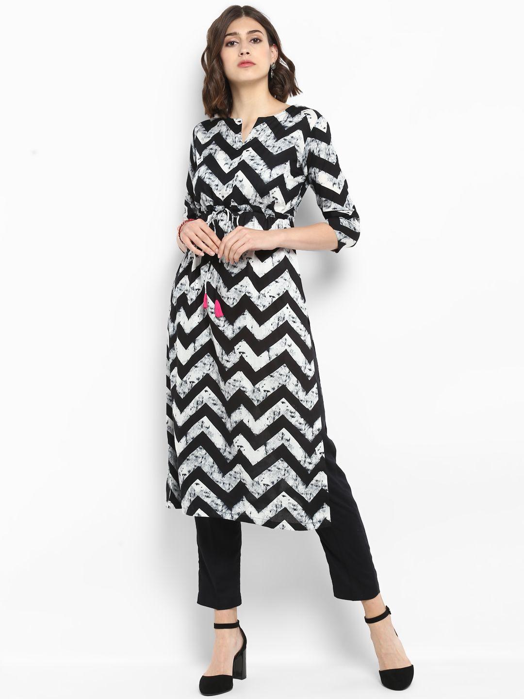 mbe women black & white printed kurta with trousers