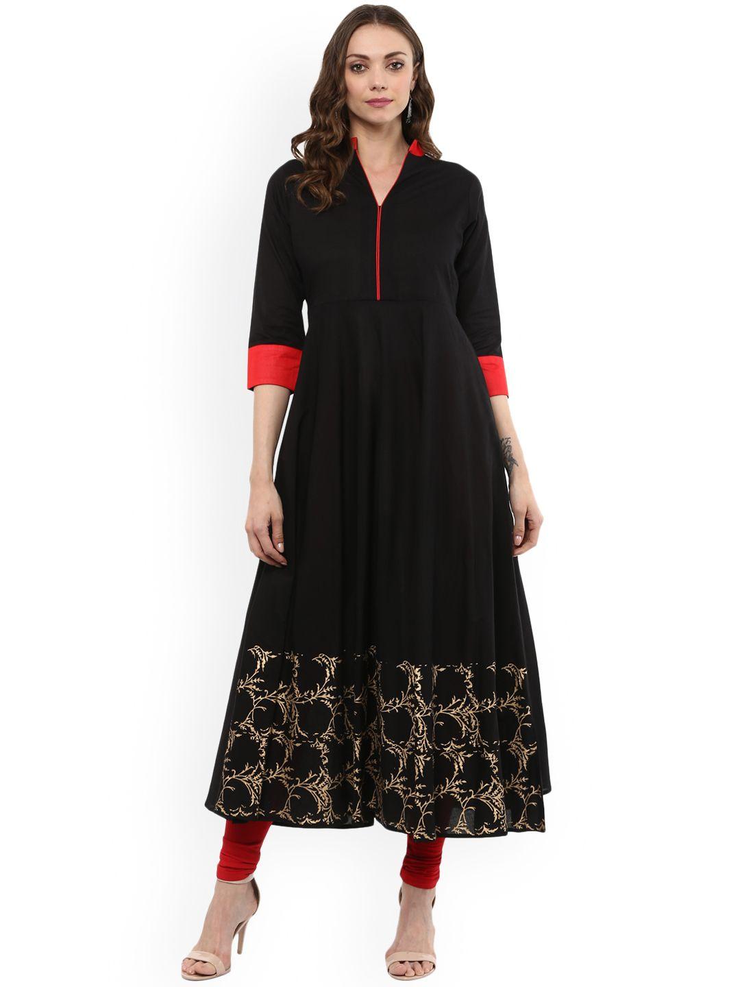 mbe women black printed anarkali kurta