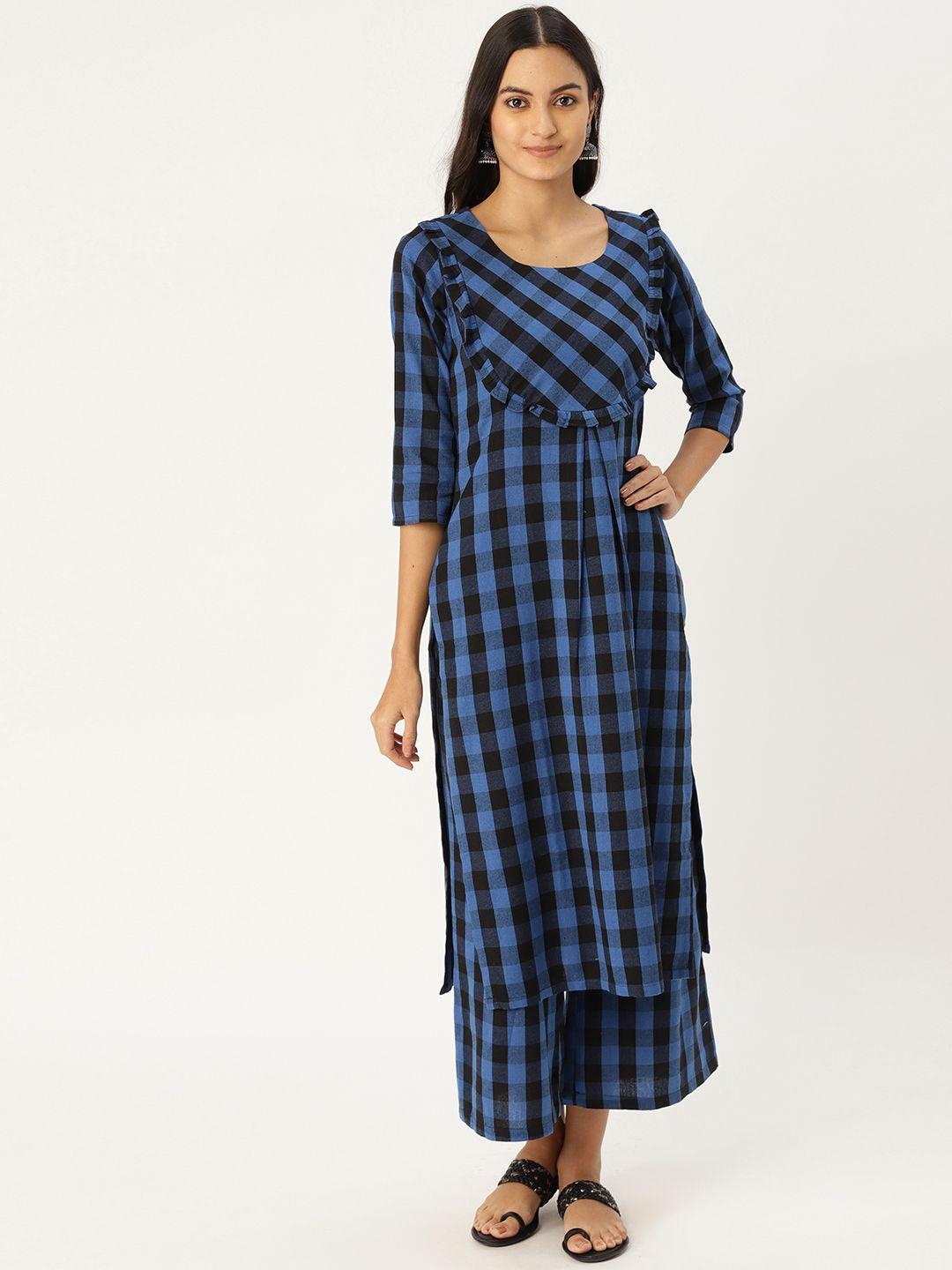 mbe women blue & black checked kurta with palazzos