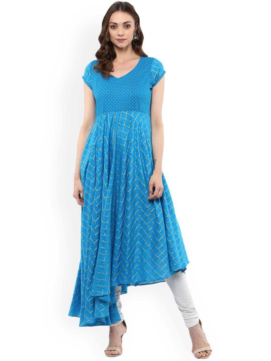 mbe women blue checked anarkali kurta