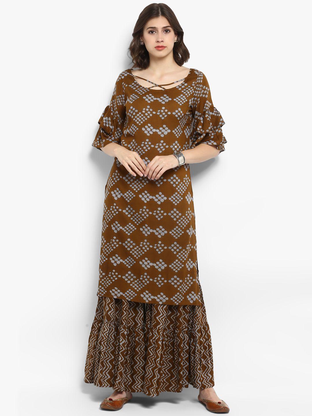 mbe women brown & grey printed kurta with sharara