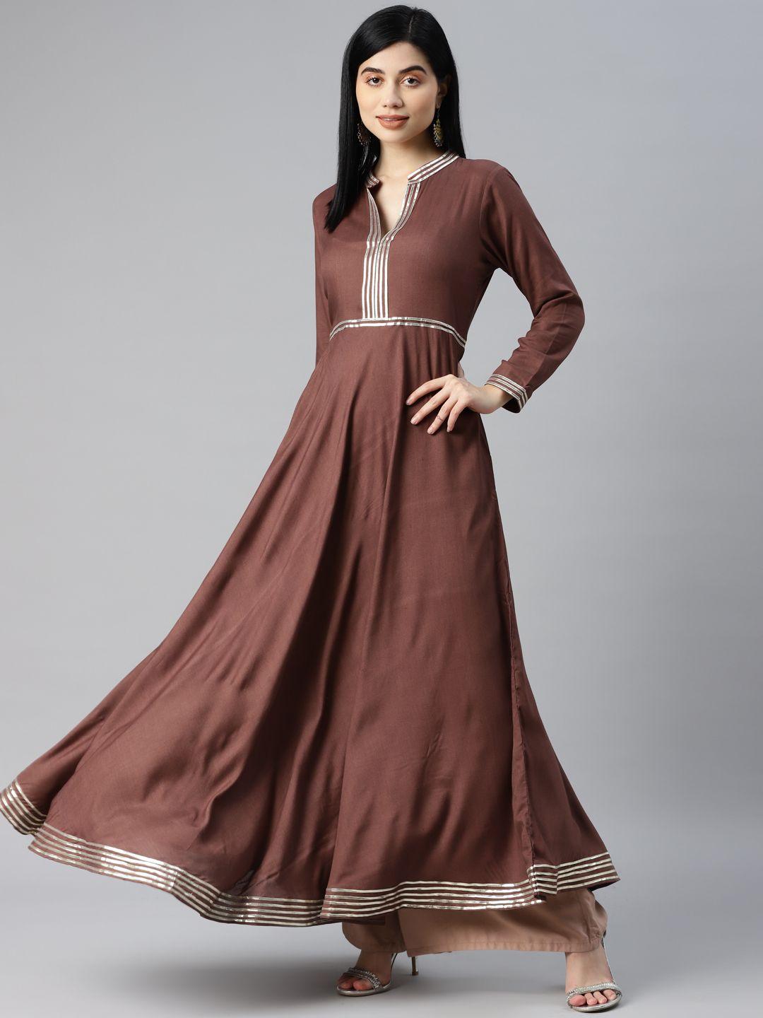 mbe women brown embellished gotta patti anarkali kurta