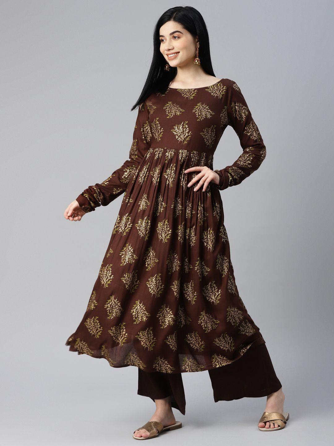 mbe women brown ethnic motifs printed pleated kurta with palazzos