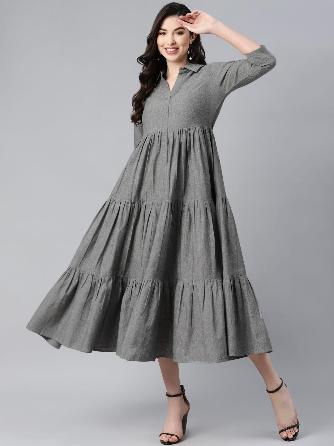 mbe women charcoal grey solid pure cotton tiered midi dress