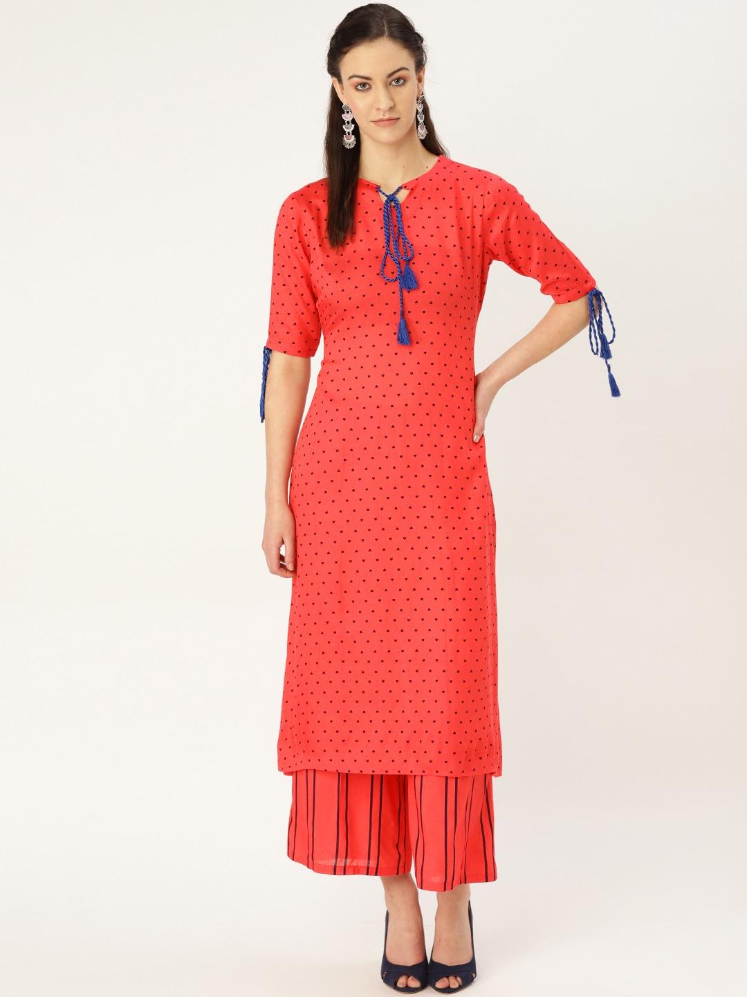mbe women coral red & navy blue printed kurta with palazzos