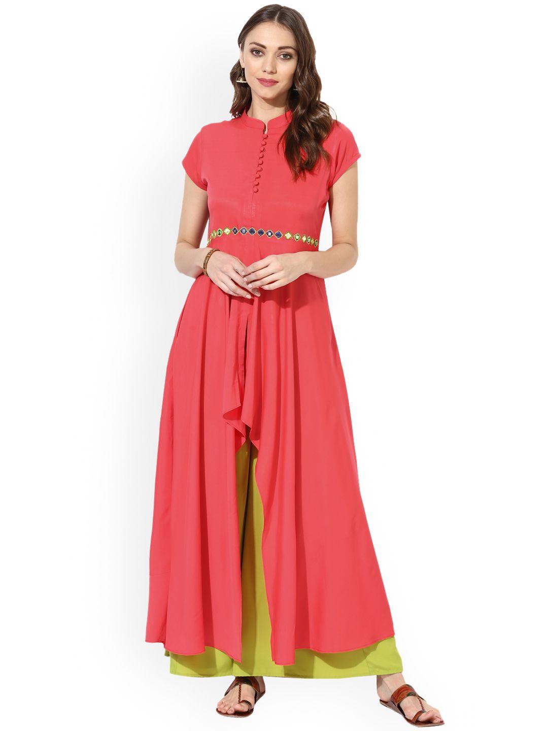 mbe women coral solid asymmetric a-line kurta