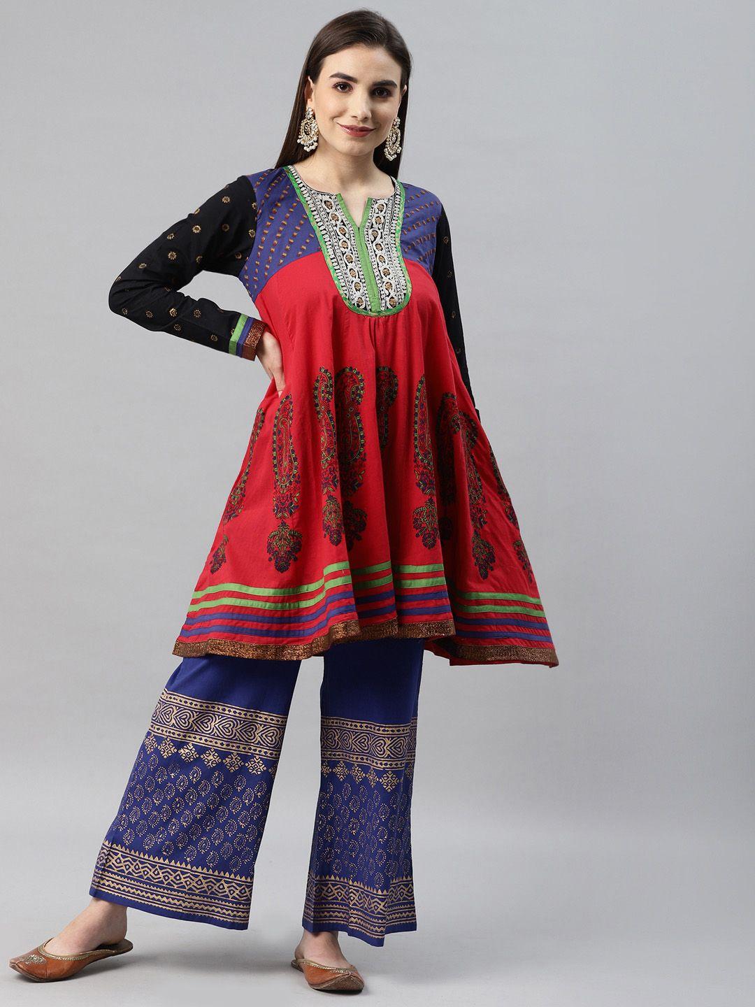 mbe women ethnic motifs colourblocked pleated kurta with palazzos