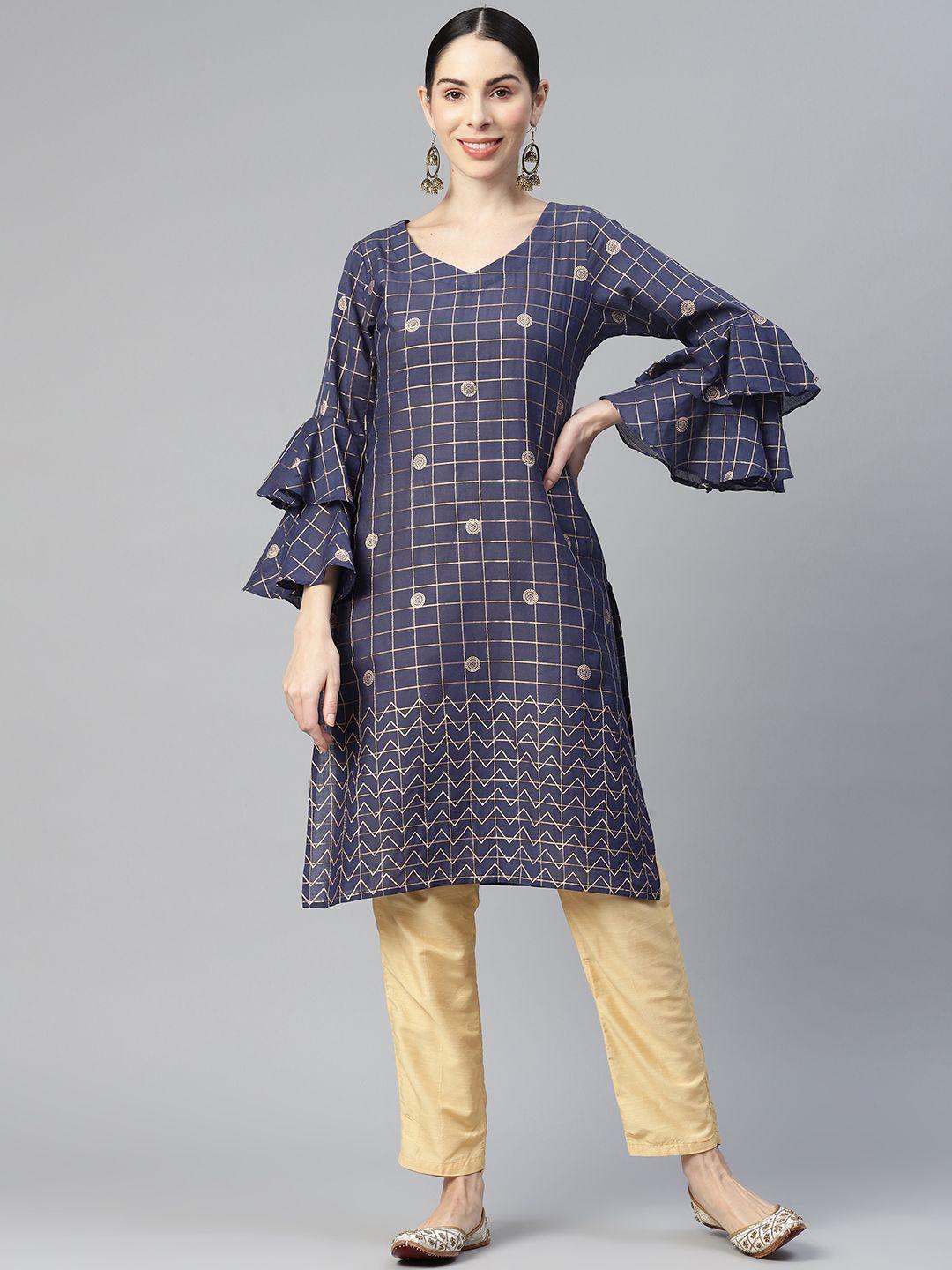 mbe women geometric printed bell sleeves indigo kurta with ruffles detail