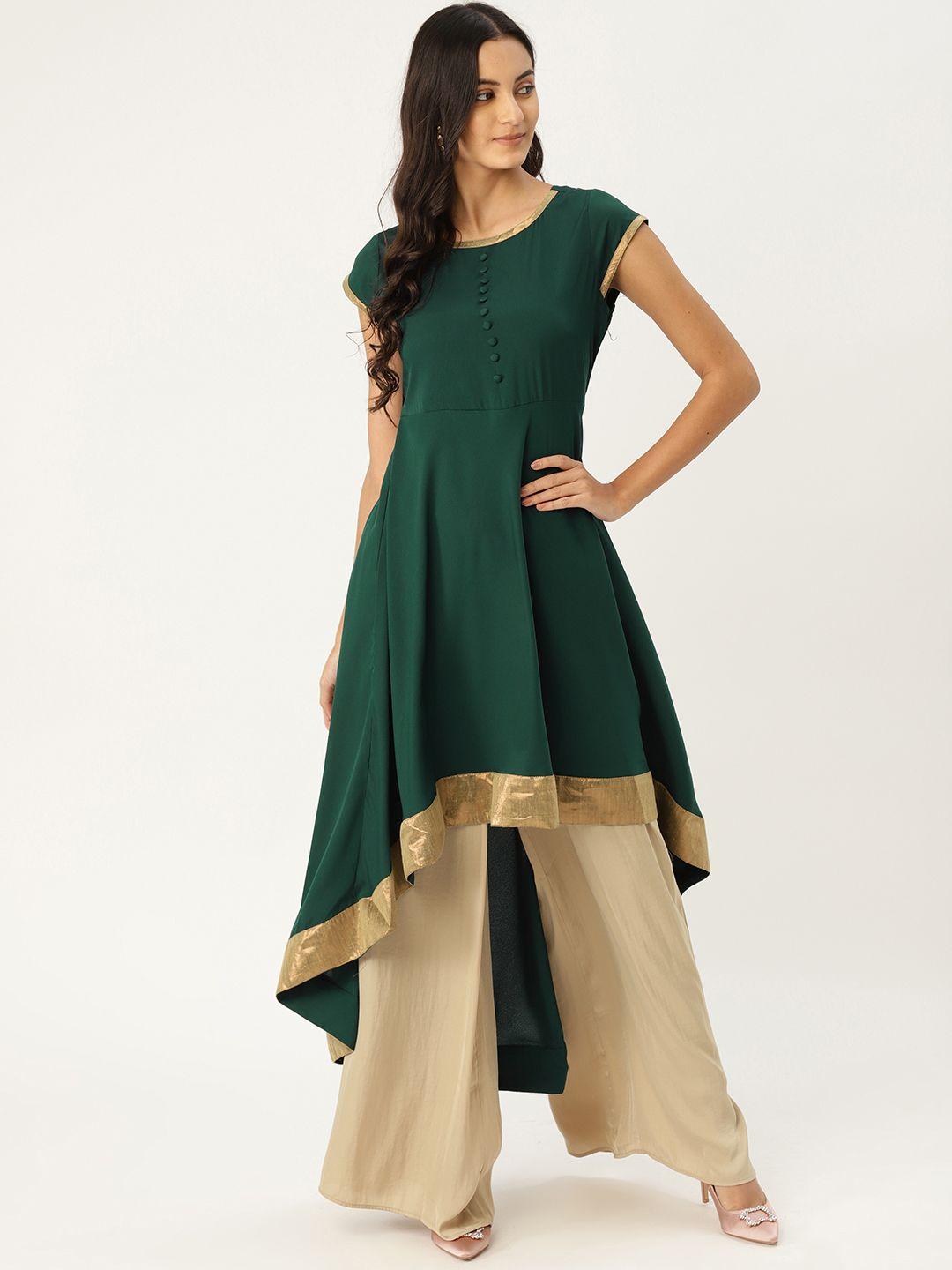 mbe women green solid a-line asymmetric kurta