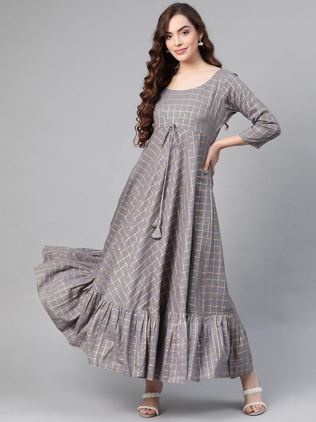 mbe women grey & golden checked anarkali kurta