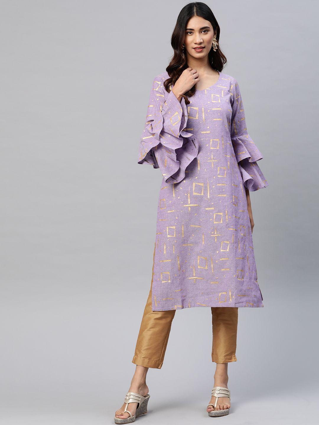 mbe women lavender & beige pure cotton geometric printed bell sleeves kurta