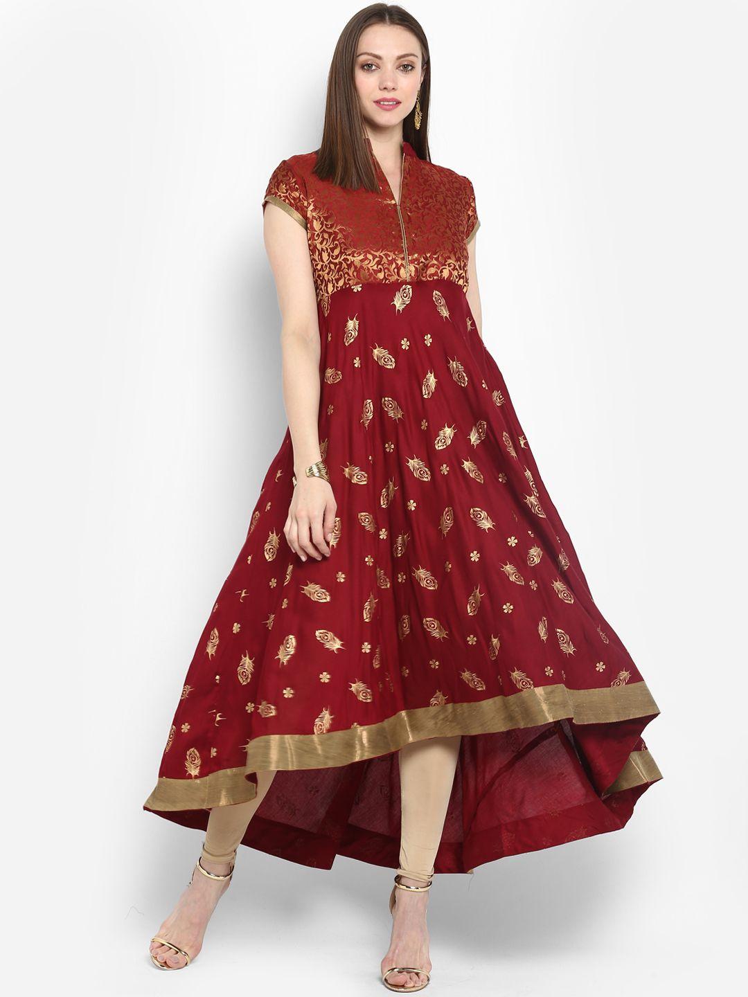 mbe women maroon & beige printed a-line kurta