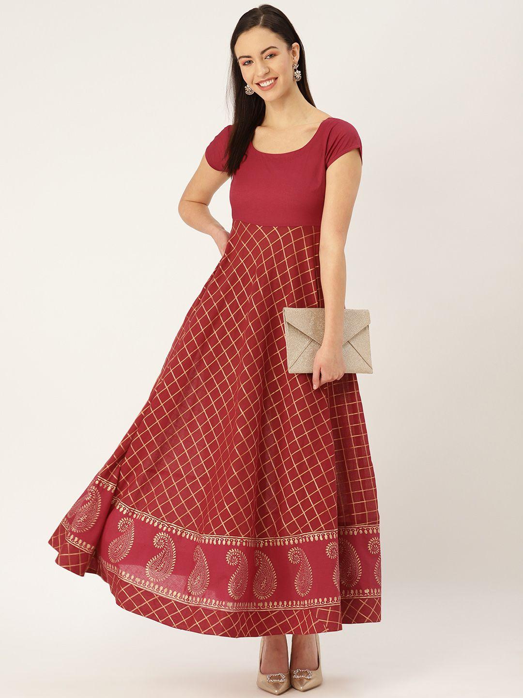 mbe women maroon & golden block print checked anarkali kurta