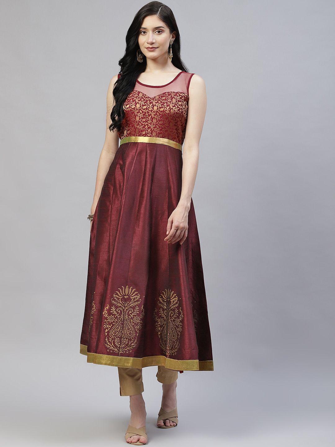 mbe women maroon & golden ethnic motifs printed kurta