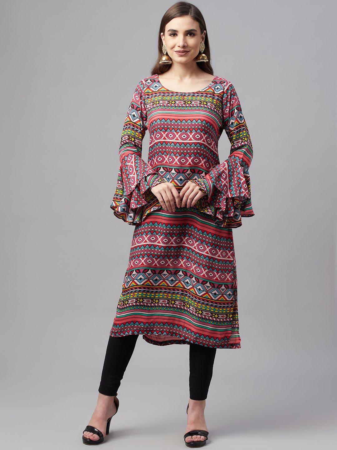 mbe women multicoloured printed bell sleeves kurta