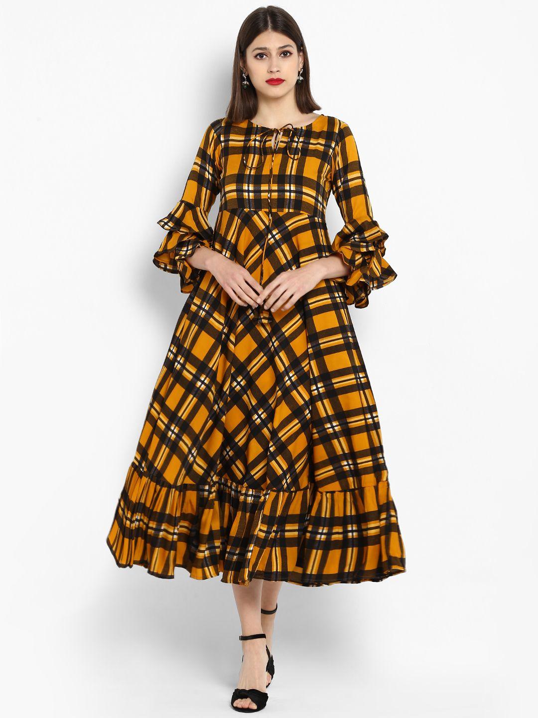 mbe women mustard printed fit and flare dress