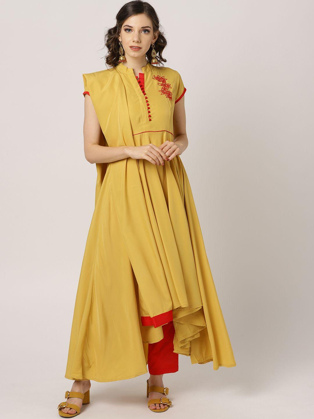 mbe women mustard yellow & red solid kurta with trousers & dupatta