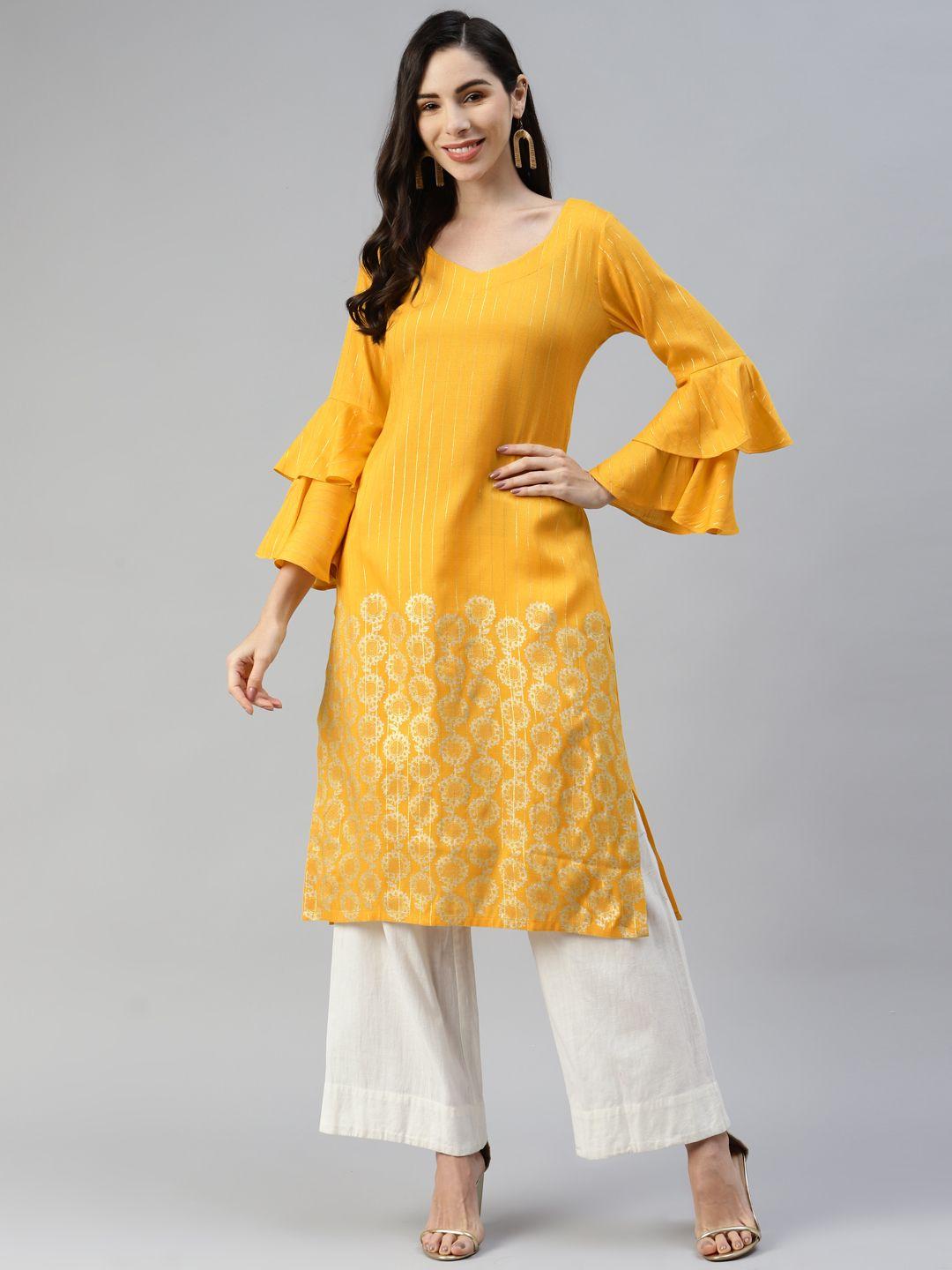 mbe women mustard yellow ethnic motifs printed flared sleeves kurta