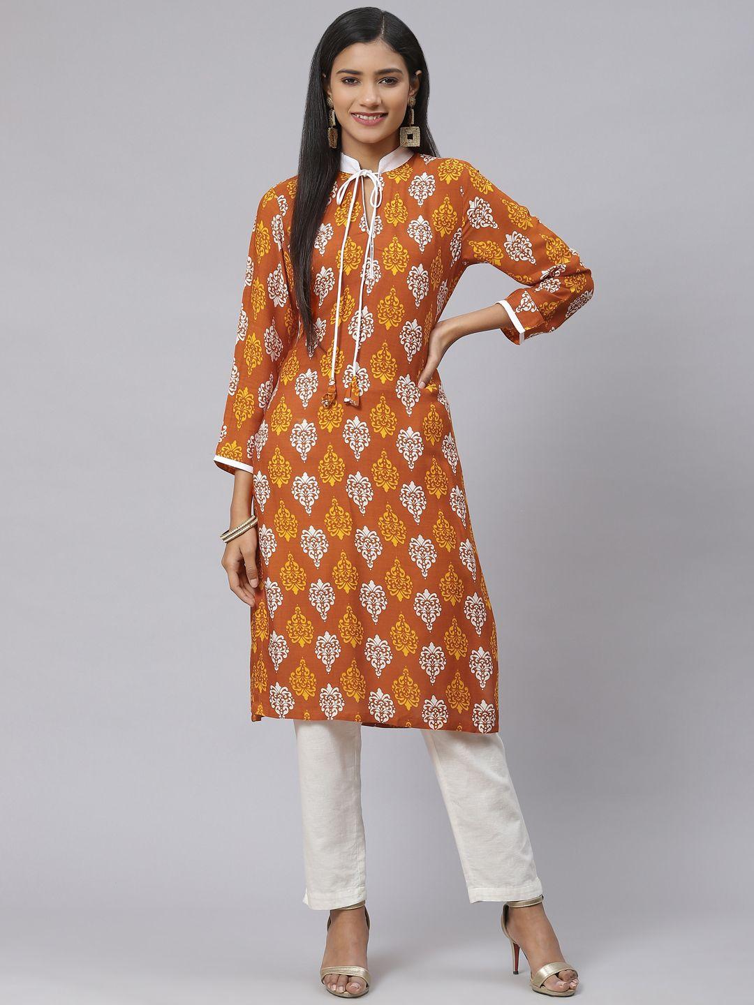 mbe women mustard yellow ethnic motifs printed kurta