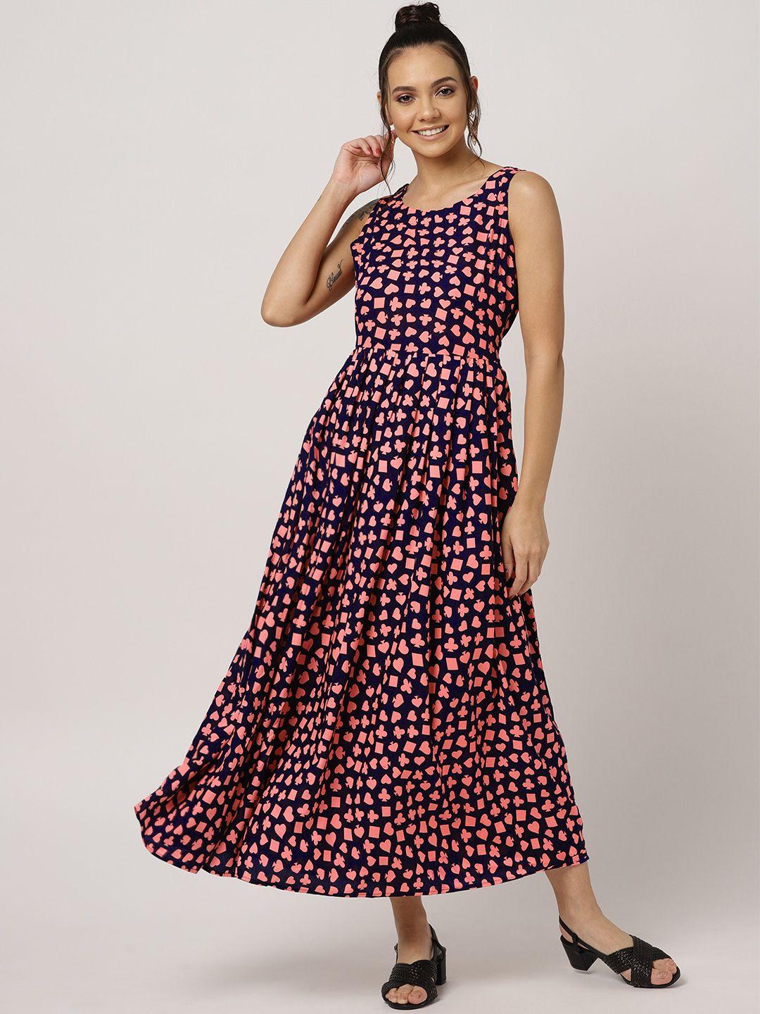 mbe women navy blue & pink printed maxi dress