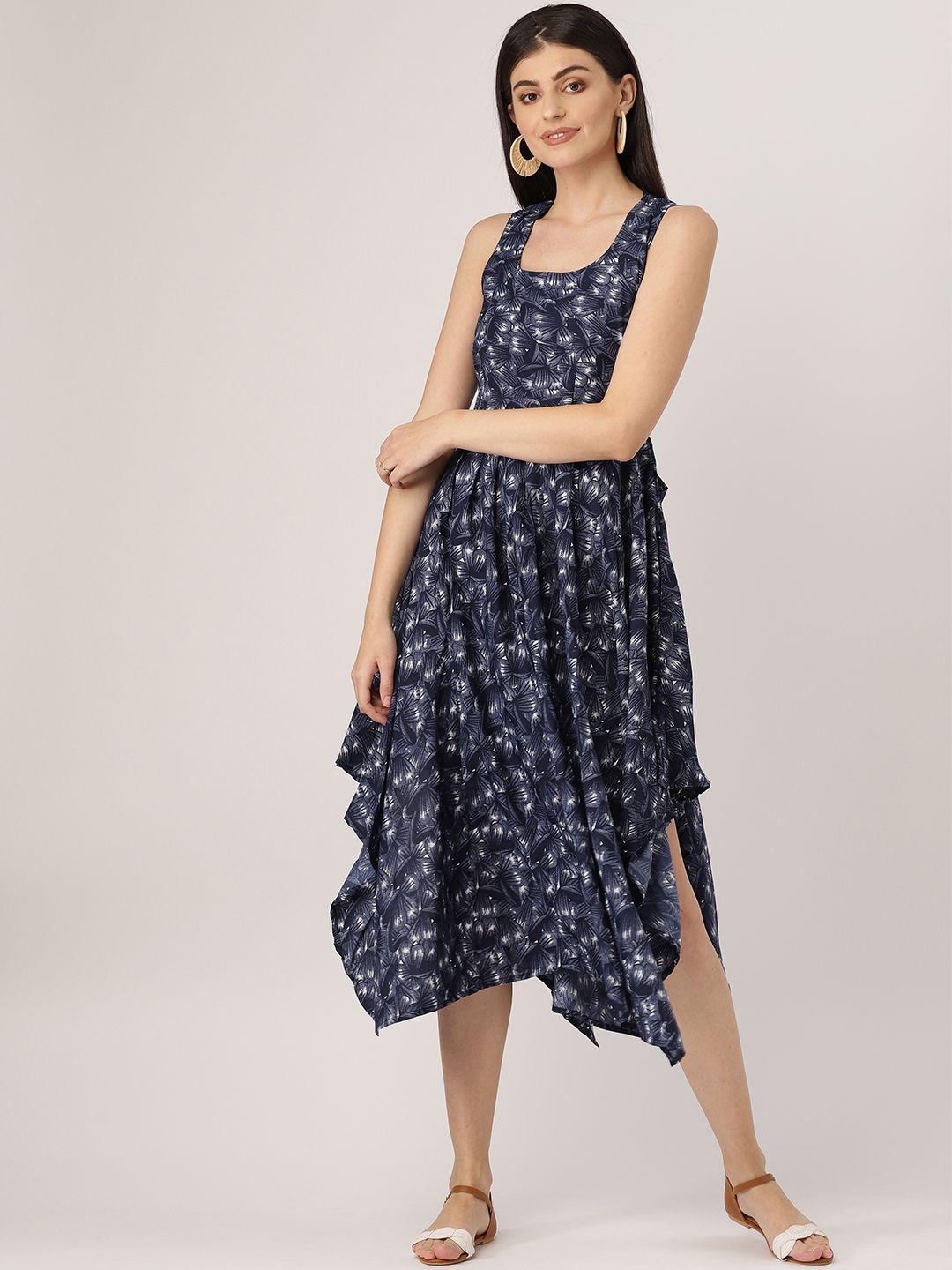 mbe women navy blue & white printed midi fit & flare dress