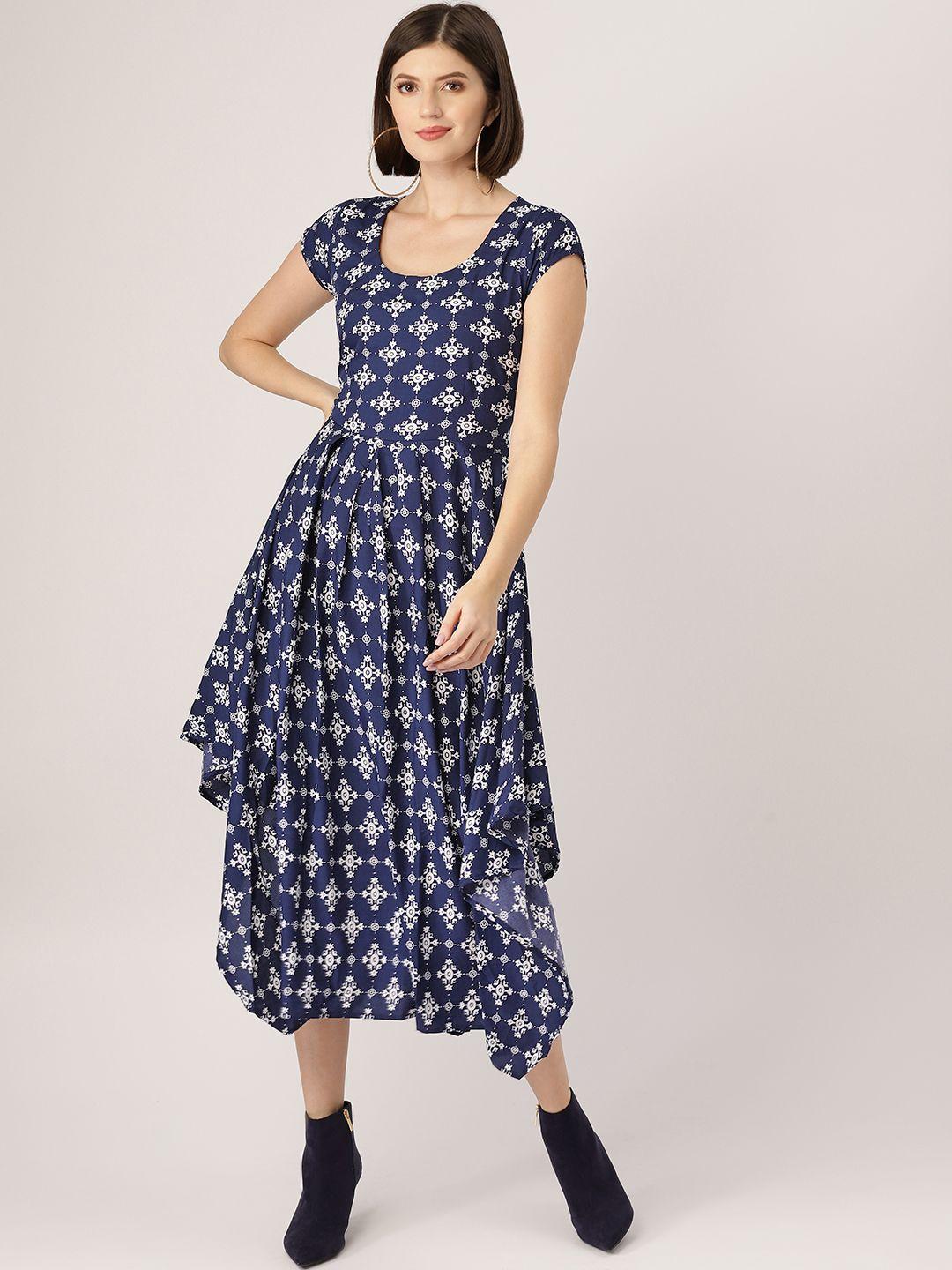 mbe women navy blue 7 white printed midi fit & flare dress