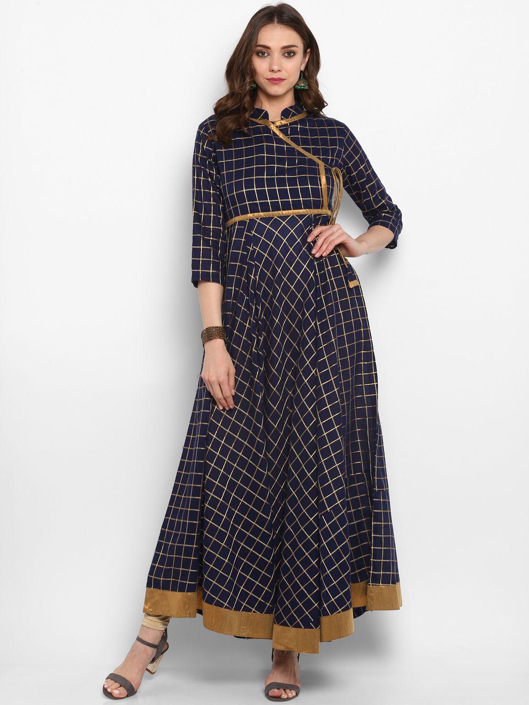 mbe women navy blue checked asymmetric a-line kurta