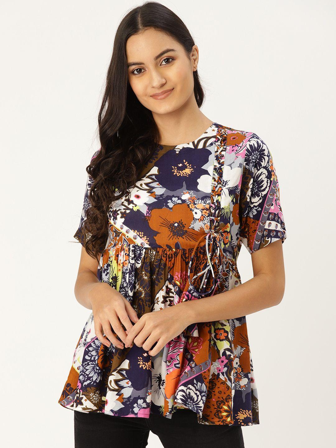 mbe women navy blue floral printed empire top