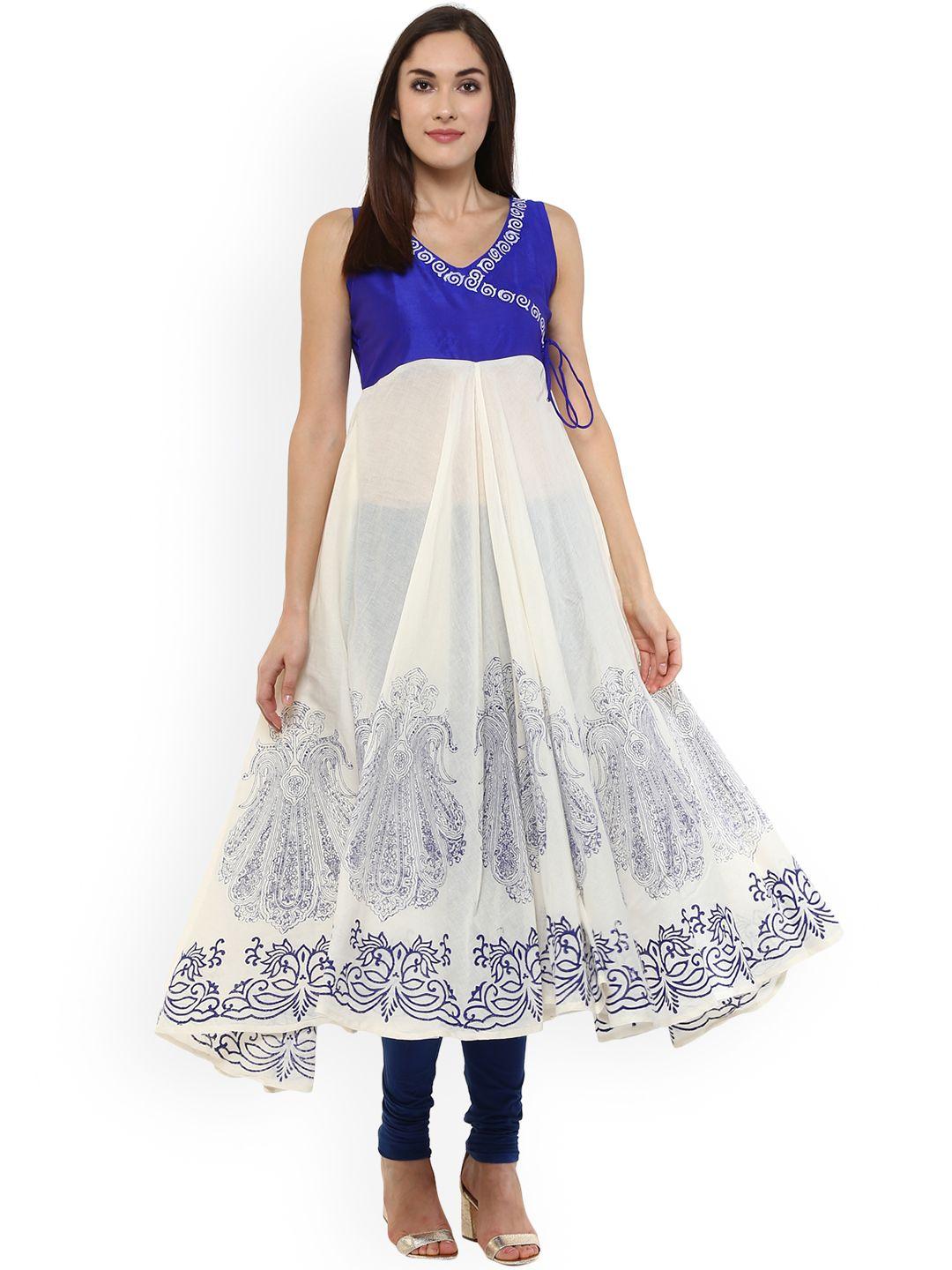 mbe women off-white & blue block print anarkali kurta