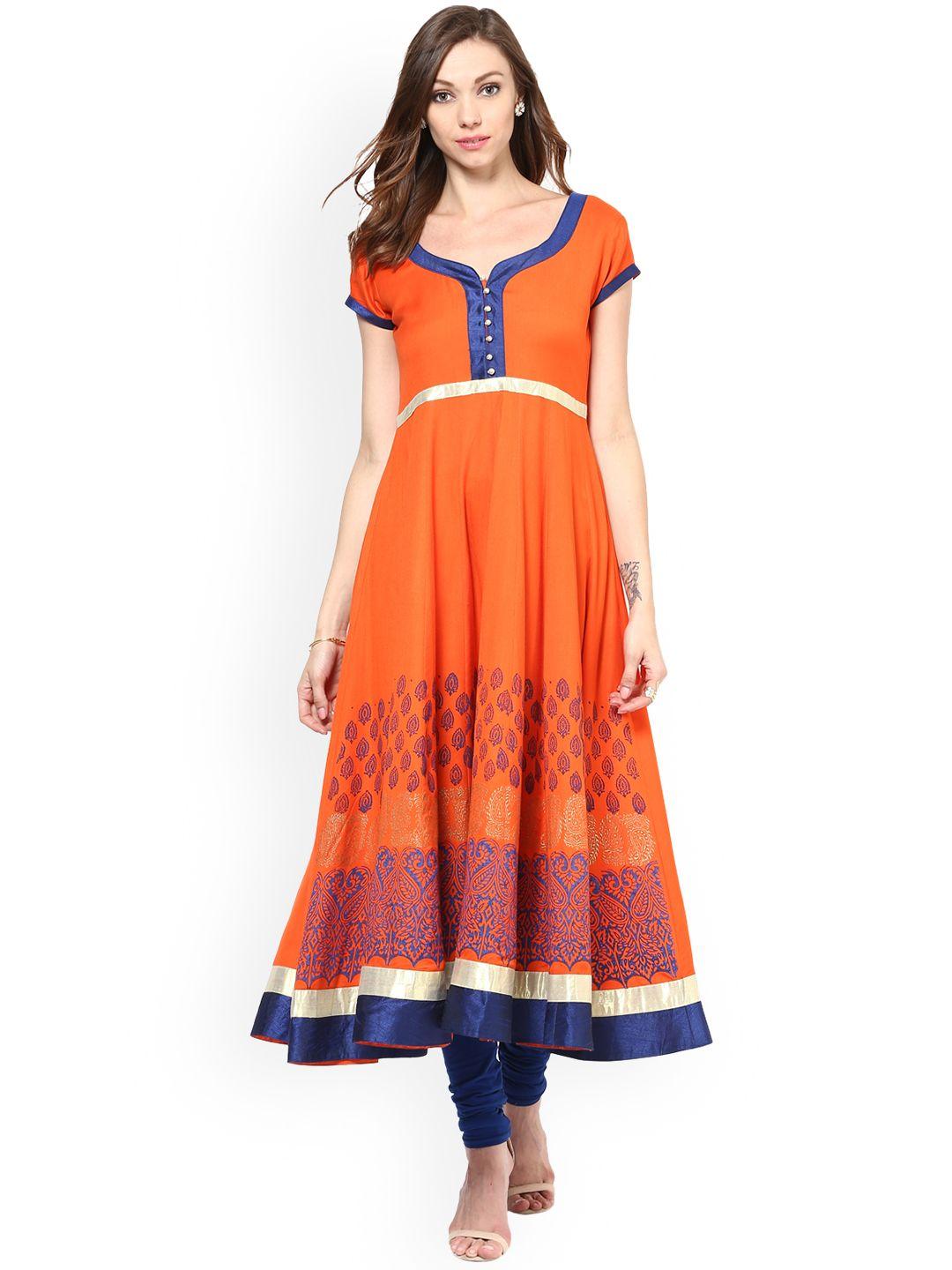 mbe women orange & blue block print a-line kurta