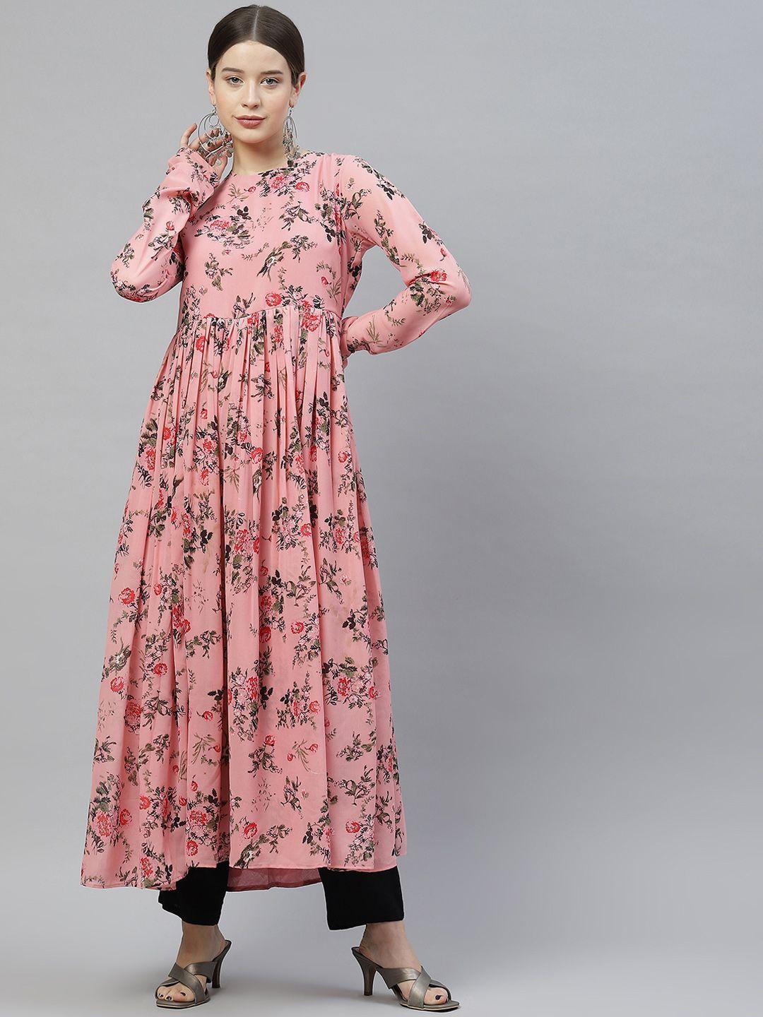 mbe women pink & black floral printed floral anarkali kurta