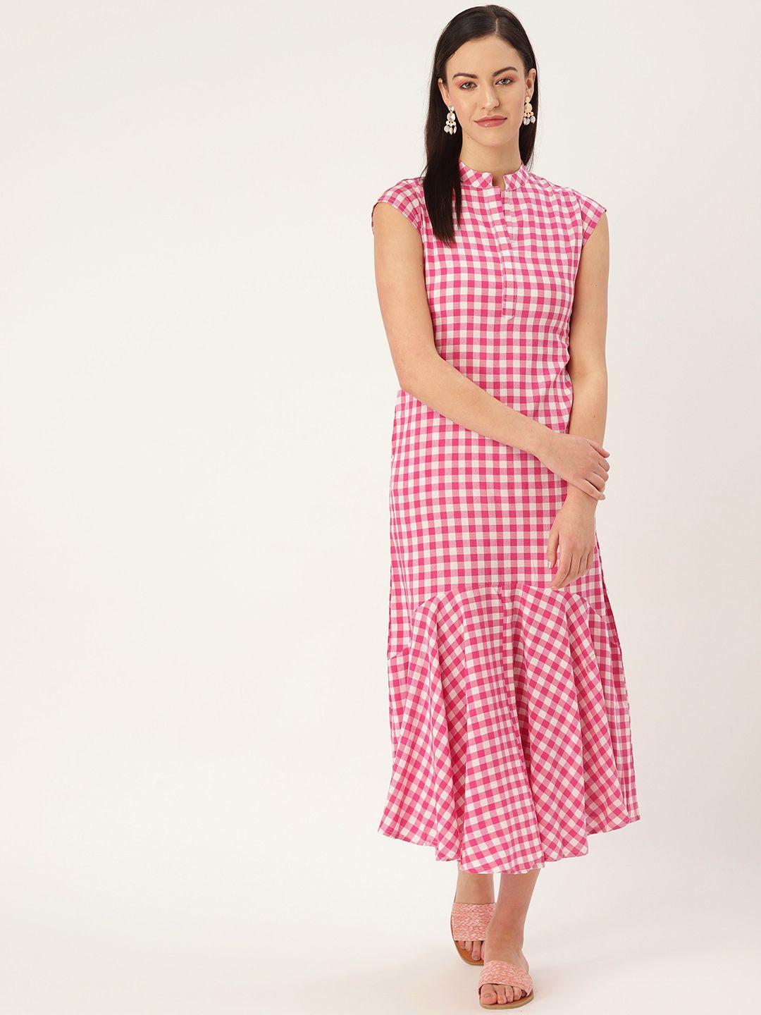 mbe women pink & off-white checked a-line dress