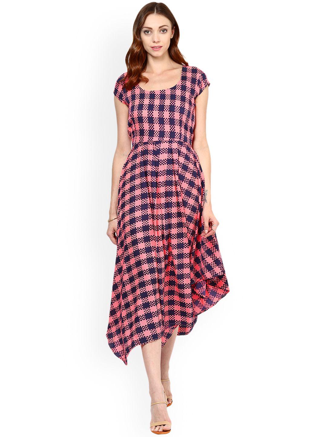 mbe women pink checked fit and flare dress